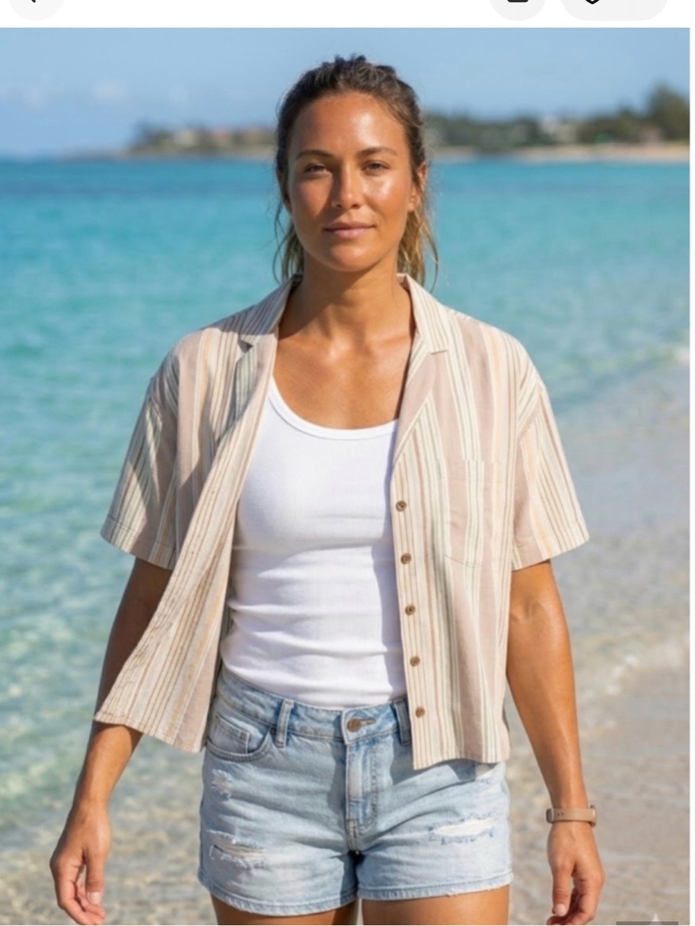 PRANA Iguala Women’s Tencel Boxy Cropped Button Down. Striped. Outdoor. Camp
